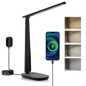 Honeywell LED Desk Lamp - HWT-H2 Sunturalux™ Eye-Caring Foldable Desk Light with USB A+C Dual Charging Port 4 Color Modes Dimmable Table Lamp for Home Office Bedroom Reading Study Work - Black