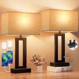 Seealle Bedroom Lamps for Night Stands - Touch Control, 3 Way Dimmable, USB C+A Charging, LED Bulbs, Easy Assembly