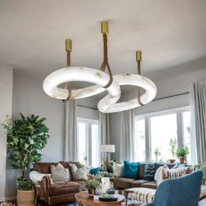 Spain Natural Marble Chandelier Light lustre Alabaster Shaped Brass Ceiling Leather Height adjustable for living room