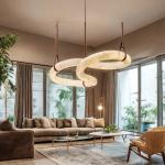 Spain Natural Marble Chandelier Light lustre Alabaster Shaped Brass Ceiling Leather Height adjustable for living room