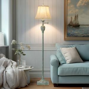 Traditional LED Floor Lamp with 350° Adjustable Swing Arm Lamp – Vintage Standing Pole lamp for Living Room, Bedroom and Office – Rustic Upright Floor Light for Home Décor with Faux Silk Fabric Shade