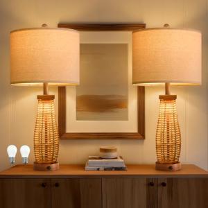 OYEARS 28" Table Lamps Set of 2 with Dual Night Lights, Bedside Lamps for Bedroom, Boho Lamp for Living Room, Rattan Table Lamp with Linen Shade, Farmhouse Lamp with Wood Grain Finish (Bulb Included)