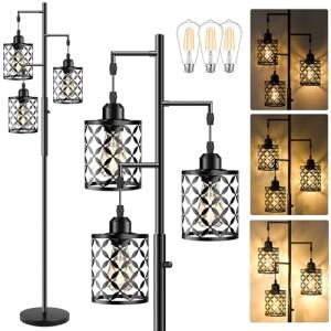 GHOOCEMLUX 68" Dimmable Floor Lamp, Farmhouse Standing Lamp with Elegant Metal Cage, Industrial Tall Tree Floor Lamps for Living Room, Bedroom, Study Room, Office (2000LM LED Bulbs Included) - Black
