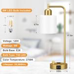 Innqoo Gold Lamp for Bedroom - Industrial Bedside Table Lamp with USB Port and Outlet, Fully Dimmable Nightstand Lamp with Opal Glass Shade, Small Desk Lamps for Home Office