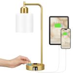 Innqoo Gold Lamp for Bedroom - Industrial Bedside Table Lamp with USB Port and Outlet, Fully Dimmable Nightstand Lamp with Opal Glass Shade, Small Desk Lamps for Home Office