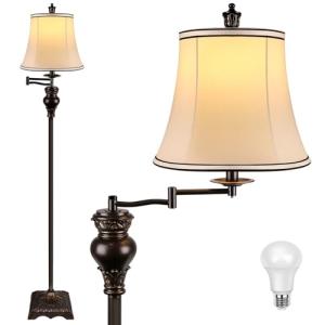 PARTPHONER Vintage Floor Lamps for Living Room,Traditional 350° Adjustable Swing Arm Farmhouse Floor Lamp for Bedroom, Rustic Standing Lamp Pole Lamps for Reading, Home Décor and Office, Brown