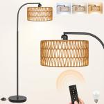 Brilvibera Rattan Floor Lamps for Living Room, Boho Standing Lamps with Rattan& Linen Double Shades, Arc Lamps Floor Standing with 9W Bulb, Foot Switch, Bohemian Floor Lamps for Bedroom, Office