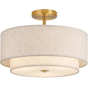 CALOKES 16" Double Drum Gold 3-Light Semi Flush Mount Ceiling Light, Classic Fabric Linen Shade Design for Living Room, Bedroom, Kitchen, Dining Room, Hallway and Entryway