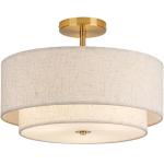 CALOKES 16" Double Drum Gold 3-Light Semi Flush Mount Ceiling Light, Classic Fabric Linen Shade Design for Living Room, Bedroom, Kitchen, Dining Room, Hallway and Entryway