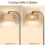 Brilvibera Rattan Floor Lamps for Living Room, Boho Standing Lamps with Rattan& Linen Double Shades, Arc Lamps Floor Standing with 9W Bulb, Foot Switch, Bohemian Floor Lamps for Bedroom, Office