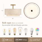 CALOKES 16" Double Drum Gold 3-Light Semi Flush Mount Ceiling Light, Classic Fabric Linen Shade Design for Living Room, Bedroom, Kitchen, Dining Room, Hallway and Entryway