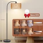 Brilvibera Rattan Floor Lamps for Living Room, Boho Standing Lamps with Rattan& Linen Double Shades, Arc Lamps Floor Standing with 9W Bulb, Foot Switch, Bohemian Floor Lamps for Bedroom, Office