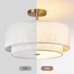 CALOKES 16" Double Drum Gold 3-Light Semi Flush Mount Ceiling Light, Classic Fabric Linen Shade Design for Living Room, Bedroom, Kitchen, Dining Room, Hallway and Entryway
