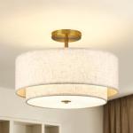 CALOKES 16" Double Drum Gold 3-Light Semi Flush Mount Ceiling Light, Classic Fabric Linen Shade Design for Living Room, Bedroom, Kitchen, Dining Room, Hallway and Entryway