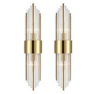 SHAWNKEY 2-Light Modern Brushed Titanium Gold Wall Sconce with Clear Glass Crystal Luxury Wall Light Fixtures for Bedroom Living Room Bathroom Vanity Mirror Light Fixtures Set of 2