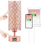 Hong-in Crystal Table Lamp - 3-Way Dimmable Touch Control, Rose Gold Bedside Lamp with USB C and A Ports, Nightstand Light for Living Room, Bedroom, Home Office (Bulb Included)
