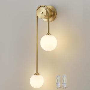 NDDSWM Golden Wall lamp Double Ball, mid-Century Modern Glass Wall sconces,with G9 Tricolor Bulb for Living Room Bedroom Bedside Stairs Restaurant Bathroom Corridor Aisle Lighting