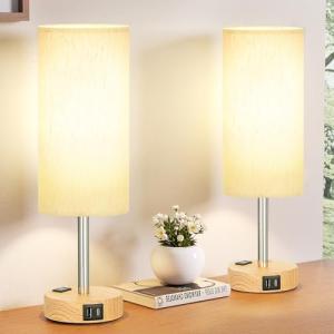 Fenmzee Small Touch Table Lamps Set of 2-3-Way Dimmable, USB A + C Charging, AC Outlet, Wood Grain Base, Bulbs Included
