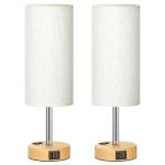 Fenmzee Small Touch Table Lamps Set of 2-3-Way Dimmable, USB A + C Charging, AC Outlet, Wood Grain Base, Bulbs Included