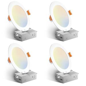 Amico 4 Pack 6 Inch 5CCT Ultra-Thin LED Recessed Ceiling Light with Junction Box, 2700K/3000K/3500K/4000K/5000K Selectable, 12W Eqv 110W 1050LM Brightness Dimmable Canless Wafer Downlight, ETL & FCC