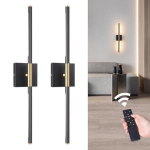 Shenmoyl Battery Operated Wall Sconce Set of 2, 8000mAh Wireless Wall Sconces, 3000K-6000K Dimmable, 350°Rotate, Indoor Wall Lights with Remote for Bedroom Living Room Bathroom, Black Gold, 23.6 Inch