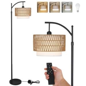 Arc Floor Lamp for Living Room with 3 Color Temperatures, Farmhouse Floor Lamps with Remote & Dimmable Bulb, Boho Standing Lamp with Rattan & Fabric Shades, Adjustable Tall Lamp for Bedroom, Office