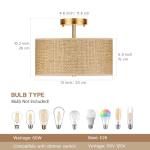 CLARSYNE 13" Woven Rattan Boho Ceiling Light Fixture, 3-Light Modern Semi Flush Mount Lamp with Drum Fabric Shade, Rustic Brown Lighting for Bedroom, Dining Room, Living Room, Hallway, Entryway