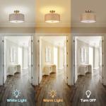 CLARSYNE 13" Woven Rattan Boho Ceiling Light Fixture, 3-Light Modern Semi Flush Mount Lamp with Drum Fabric Shade, Rustic Brown Lighting for Bedroom, Dining Room, Living Room, Hallway, Entryway