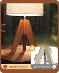 EDISHINE Tripod Table Lamp, Small Cute Bedside Lamp with Linen Beige Lampshade, Nightstand Lamp for Nursery, Bedroom, Kid Room, Living Room, Light Brown Wooden Base, E26 Socket, 14.2 Inch