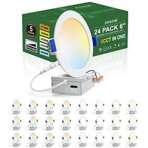 zouzai 24 Pack 6 Inch Ultra-Thin LED Recessed Ceiling Light with Junction Box 5CCT Adjustable Dimmable Can-Killer Downlight - ETL and Energy Star Certified (24 Pack,5CCT, 6 Inch)