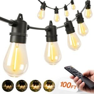 addlon 100FT LED Outdoor String Lights, Remote Dimmable Patio Lights with Timer & 3 Lighting Modes, 32 Shatterproof Edison Bulbs, Waterproof Connectable String Lights for Outside Backyard Porch Party