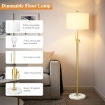 Modern Floor Lamp for Living Room, Adjustable Height Standing Lamp with Marble Base, 3-Way Dimmable Gold Brass Tall Pole Light with White Linen Shade for Reading, Bedroom, Chain Switch, Bulb Included