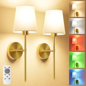 JOFIOS 19.9 inch Battery Operated Wall Sconce Set of 2, Indoor Wireless Rechargeable Wall Lights: Dimmable Detachable Wall Lamp with Remote, 3 Color Temperatures, Wall Sconce for Bedroom Room (Gold)