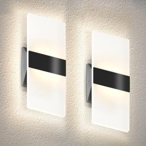 ASD 12 Inch LED Indoor Wall Sconce - Modern Interior 12W 2700K-5000K Adjustable Dimmable Wall Mounted Light Fixtures, Acrylic Glass Wall Lights for Stairway, Hallway - UL, Matte Black, 2 Pack