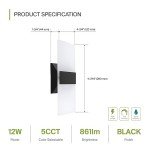 ASD 12 Inch LED Indoor Wall Sconce - Modern Interior 12W 2700K-5000K Adjustable Dimmable Wall Mounted Light Fixtures, Acrylic Glass Wall Lights for Stairway, Hallway - UL, Matte Black, 2 Pack