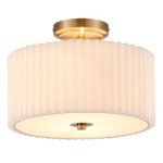 VONLUCE Semi Flush Mount Ceiling Light, 12.2'' Ceiling Light Fixture with Pleated Shade, 2-Light Modern Drum Light Fixture for Bedroom Living Room Entryway Hallway, White Shade & Bronze Finish