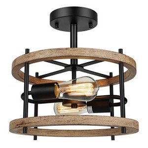 2-Light Retro Wood and Metal Ceiling Light Fixture