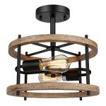 2-Light Retro Wood and Metal Ceiling Light Fixture