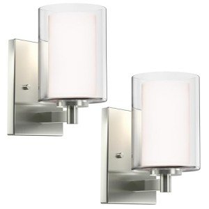 Wall Sconces Set of 2 Modern Vanity Lights with Double Clear Glass Shade Matte Black Indoor Farmhouse Wall Light for Bathroom Living Room Bedroom Hallway Bulb E26 Base (Silver, 2PCS)