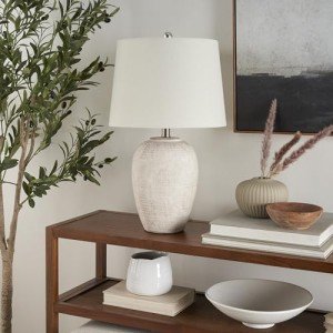 Nourison 23" Distressed Cream/Beige Rustic Ceramic Jar Table Lamp for Bedroom, Living Room, Dining Office, with Ivory Shade