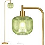 QiMH Glass Floor Lamp for Living Room, Modern Standing Lamp with Ribbed Glass Lampshade Pedal Switch, 67” Tall Lamp for Bedroom Study Room, Brushed Gold (2700K LED Bulb Included)