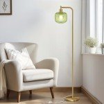 QiMH Glass Floor Lamp for Living Room, Modern Standing Lamp with Ribbed Glass Lampshade Pedal Switch, 67” Tall Lamp for Bedroom Study Room, Brushed Gold (2700K LED Bulb Included)