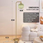 QiMH Glass Floor Lamp for Living Room, Modern Standing Lamp with Ribbed Glass Lampshade Pedal Switch, 67” Tall Lamp for Bedroom Study Room, Brushed Gold (2700K LED Bulb Included)