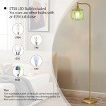 QiMH Glass Floor Lamp for Living Room, Modern Standing Lamp with Ribbed Glass Lampshade Pedal Switch, 67” Tall Lamp for Bedroom Study Room, Brushed Gold (2700K LED Bulb Included)