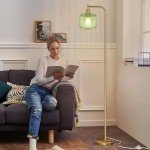 QiMH Glass Floor Lamp for Living Room, Modern Standing Lamp with Ribbed Glass Lampshade Pedal Switch, 67” Tall Lamp for Bedroom Study Room, Brushed Gold (2700K LED Bulb Included)