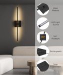 CASGAL Battery Operated Wall Sconce with Remote Control,Wall Sconces Set of Two,3000K-6500K LED Wireless Wall Light for Bedroom, Hallway, Background Wall, 350°Rotate,26.6 Inch, Black(2 Pack)