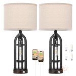 Seealle Table Lamps for Living Room Set of 2 - Bedside Lamp for Bedroom with USB C+A & Outlet, Farmhouse Lamps for Night Stands, 3-Way Dimmable Touch Lamps for Living Room