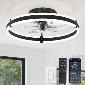ZMISHIBO Ceiling Fans with Lights and Remote, 19.7'' Low Profile Ceiling Fans, 3000-6000K Dimmable Modern Flush Mount LED Fan Light, 6 Wind Speeds, Black Fandelier Ceiling Fans with Lights for Bedroom