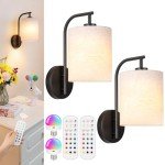 MATAMEYE Battery Operated Wall Sconce Set of 2, Black Rechargeable Wireless Wall Light Fixture with Remote, 12 RGB Colors & Timer, Indoor Dimmable Wall Lamp with Linen Shade