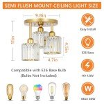 PAUFUL Modern Semi Flush Mount Ceiling Light,3-Light Golden Crystal Close to Ceiling Light Fixtures,Kitchen Light Fixtures with Clear Crystal Shade,Hallway Light Fixtures for Hallway Bedroom Bathroom